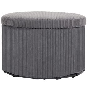 HOMCOM 24 Inches Round Storage Ottoman Stool with Lid, Upholstered Corduroy Foot Rest for Living Room, Bedroom, Gray