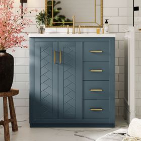 30'' Bathroom Vanity With Ceramic Sink Combo, Solid Wood Frame Bathroom Storage Cabinet, Freestanding Vanity Set With 3 Drawers& Soft Closing Doo (Color: Blue)