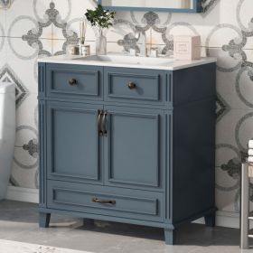 30'' Bathroom Vanity With Ceramic Sink,Solid Wood Frame Bathroom Storage Cabinet With Soft Closing Doors,Retro Style, Blue (Color: Blue)