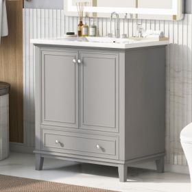 36 Bathroom Vanity With Sink, One Cabinet And Three Drawers, Solid Wood And MDF Board, (Color: Grey)