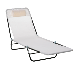 Folding Chaise Lounge Chair, Cream White, 5-Level Adjustable With Headrest, Breathable Mesh For Beach & Patio (Color: White)