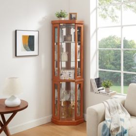 Corner Glass Cabinet Lighted Curio Cabinet Corner Display Case For Living Room, Curio Cabinet, Antique Collection, Wine,Bar Glass Storage Light I (Option: Dark Oak)