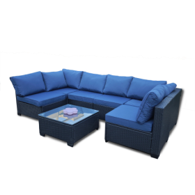 Seven-Piece Sofa Set Table With Sofa Chair Black PE Rattan Outdoor Furniture 7-JH001 Box 3-1-2-3 With Blue Color Cushion (Color: Blue)