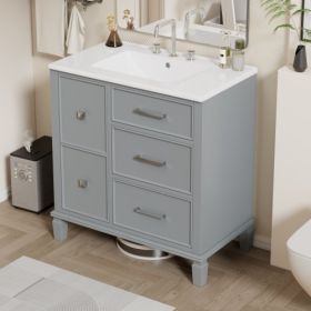 30 Inch Bathroom Vanity With Ceramic Sink, Flip-Out Drawer Design For Plumbing, White Painted MDF Cabinet With Solid Wood Legs (Color: Grey)