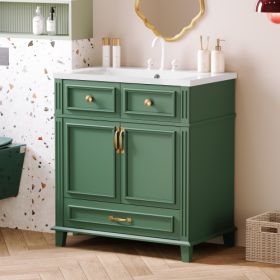 30'' Bathroom Vanity With Resin Sink, Solid Wood Frame Bathroom Storage Cabinet With Soft Closing Doors, Retro Style, Green (Color: Green)