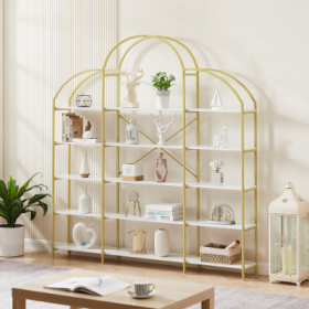 74.8 Inch 5 Tiers Office Bookcase Bookshelf, Display Shelf With Round Top, X Bar Gold Frame (Option: Golden)