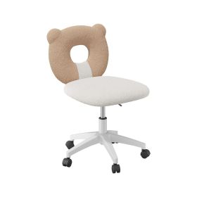 Bear Kids Desk Chair with Wheels& Back, Adjustable Armless Child Study Chair, Cute Teddy Fabric Office Chair (Color: Beige Khaki)