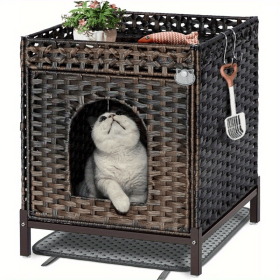 Cat Litter Box Enclosure, Cat Litter Box Enclosure Furniture with Cat Litter Mat, Handwoven Rattan Cat House with Metal Heightened Feet (Color: Brown)