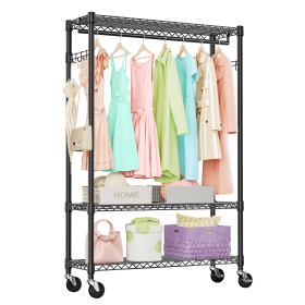 3 Tier Heavy Duty Rolling Garment Rack Wire Clothes Rack for Hanging Clothes (Color: Black)