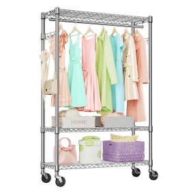 3 Tier Heavy Duty Rolling Garment Rack Wire Clothes Rack for Hanging Clothes (Color: Chrome)