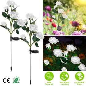 2Pcs Solar Powered Lights Outdoor Rose Flower LED Decorative Lamp Water Resistant Pathway Stake Lights For Garden Patio Yard Walkway (Color: White)